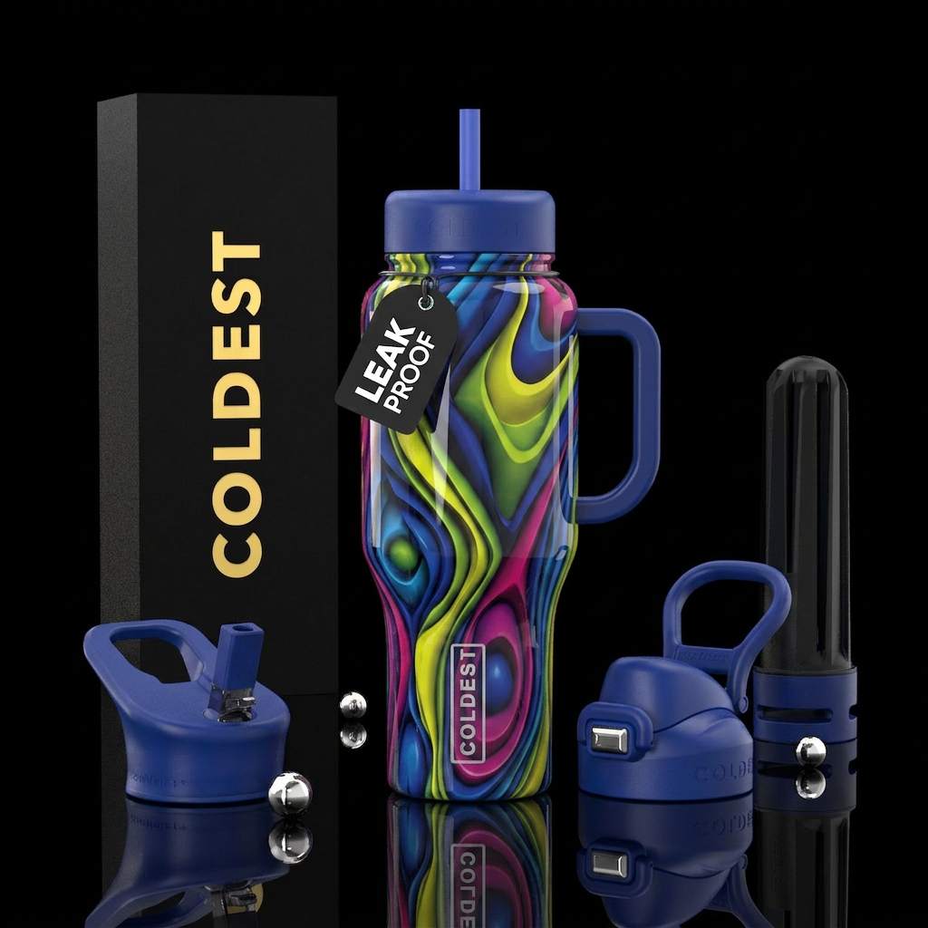 without end, glossy, trompe-l'œil water bottle design