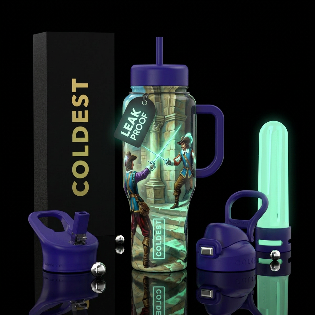 Musketeers, glossy, trompe-l'œil, glow in the dark water bottle design