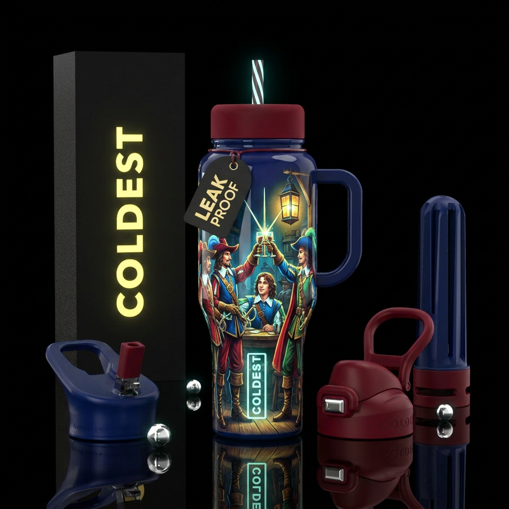 Musketeers, glossy, trompe-l'œil, glow in the dark water bottle design