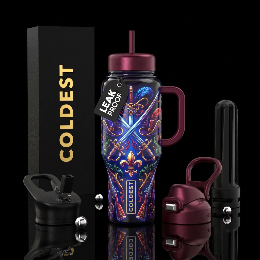 Musketeers, glossy, trompe-l'œil, glow in the dark... water bottle design