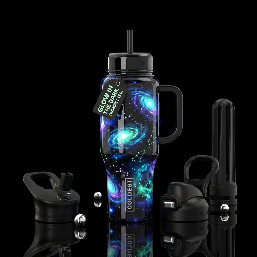 , glossy, trompe-l'œil, glow in the dark, intense,... water bottle design
