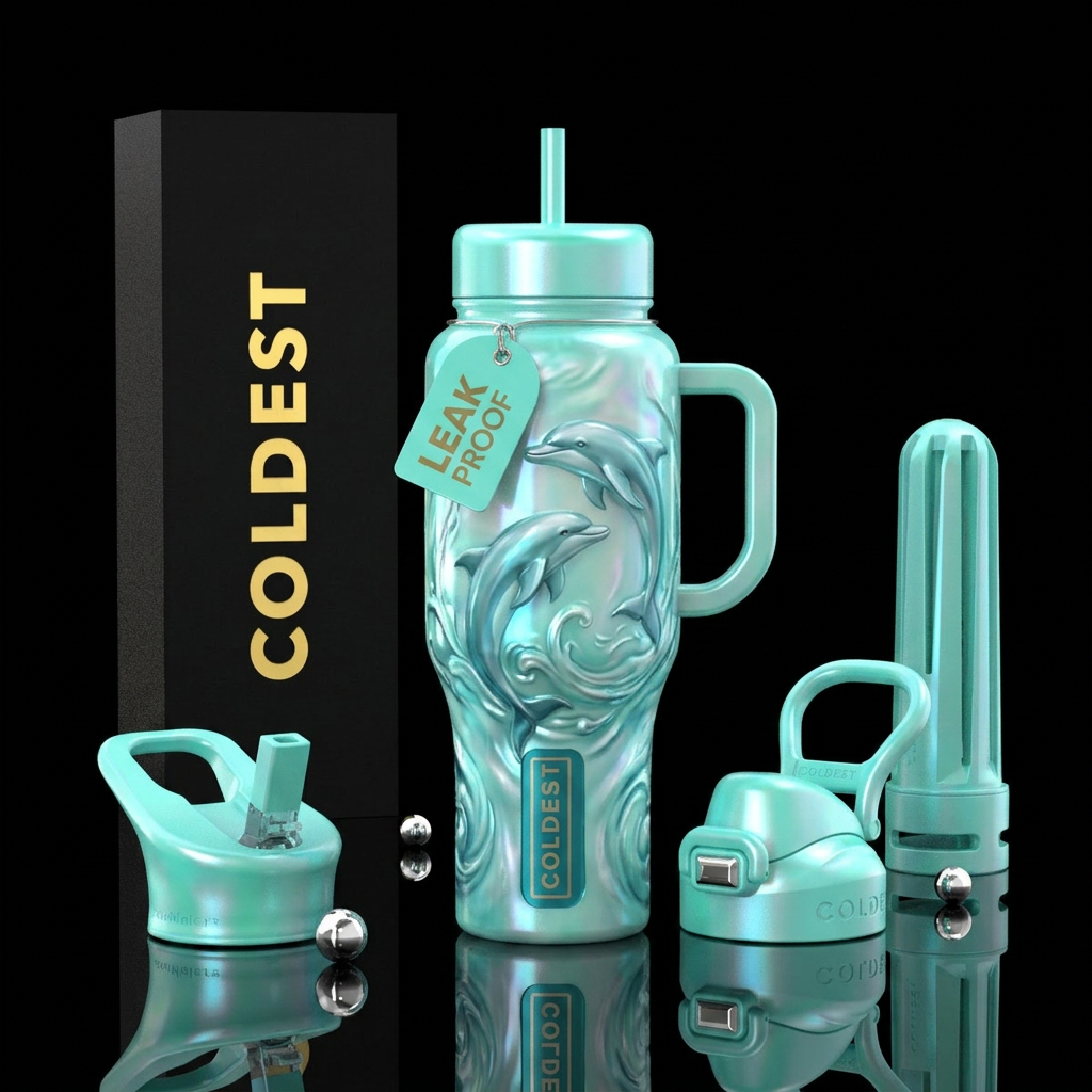 , glossy, trompe-l'œil,  intense, dreamy, divine,,... water bottle design