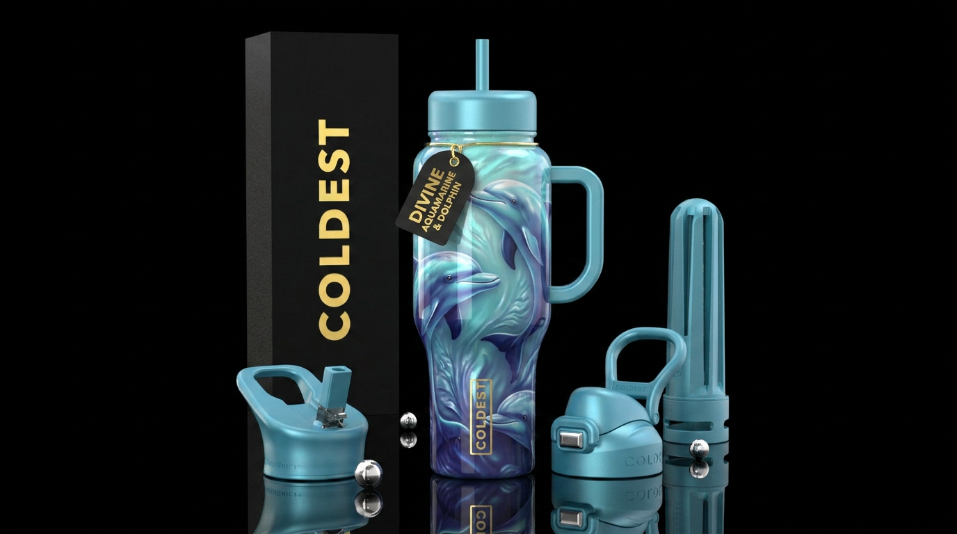 , glossy, trompe-l'œil,  intense, dreamy, divine,,... water bottle design