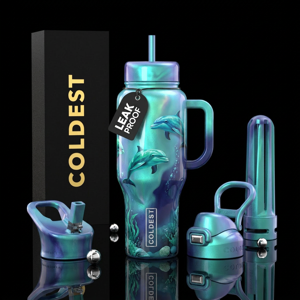 , glossy, trompe-l'œil,  intense, dreamy, divine,,... water bottle design