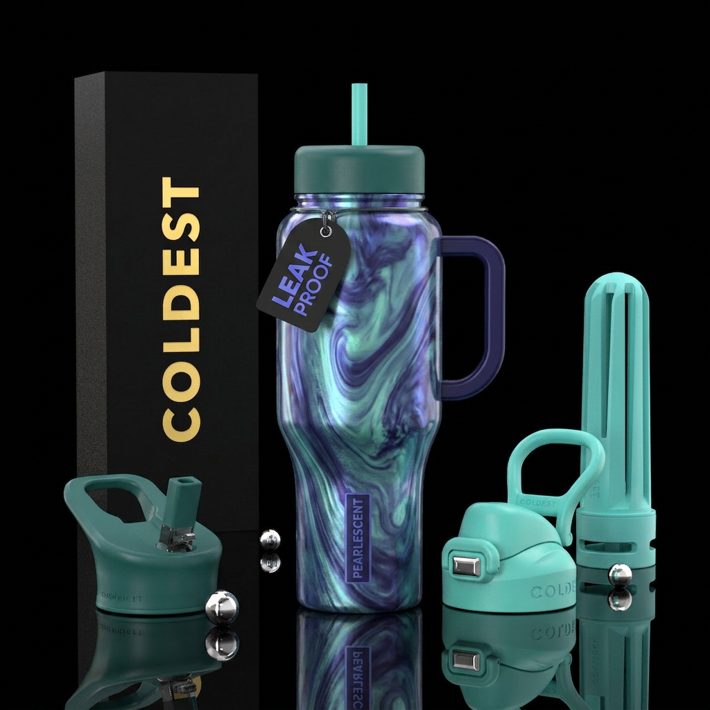 , glossy, trompe-l'œil,  intense, dreamy, divine,,... water bottle design