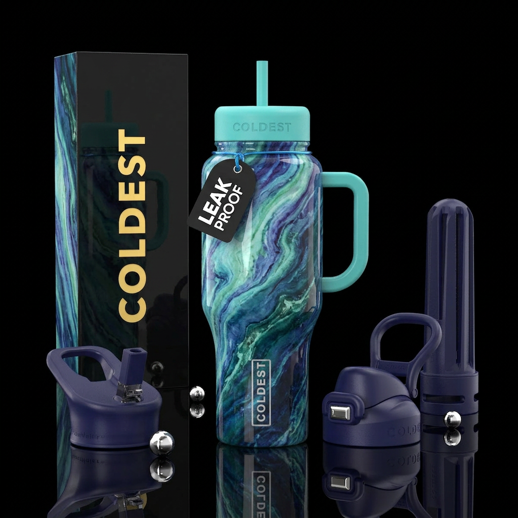 , glossy, trompe-l'œil,  intense, dreamy, divine,,... water bottle design