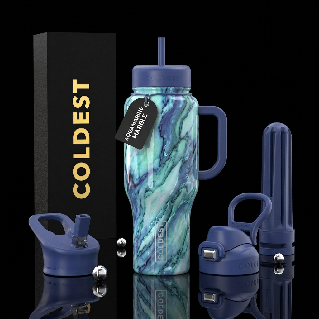 , glossy, trompe-l'œil,  intense, dreamy, divine,,... water bottle design