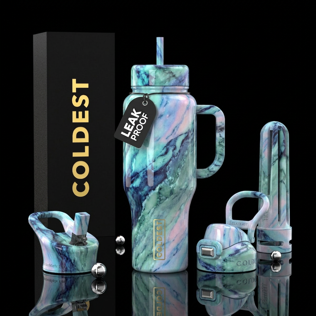 , glossy, trompe-l'œil,  intense, dreamy, divine,,... water bottle design