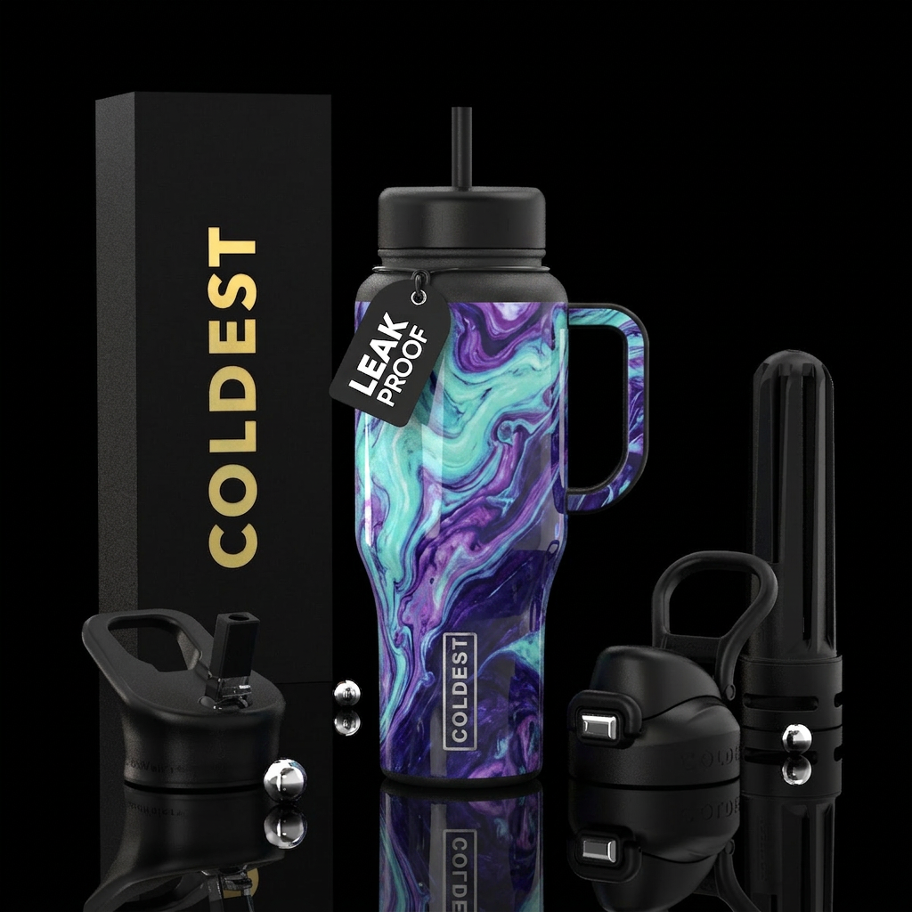 , glossy, trompe-l'œil,  intense, dreamy, divine,,... water bottle design