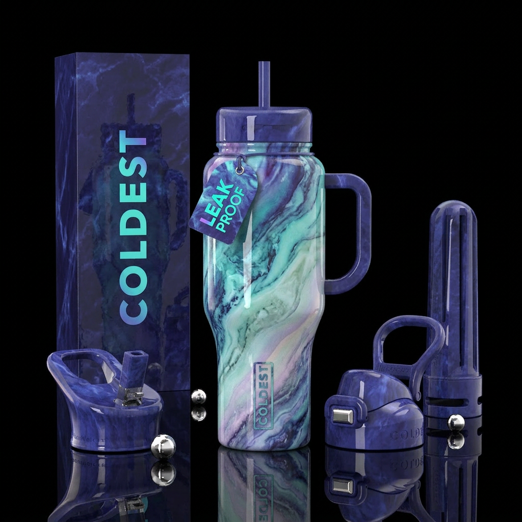 , glossy, trompe-l'œil,  intense, dreamy, divine,,... water bottle design