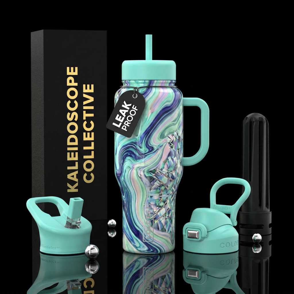 , glossy, trompe-l'œil,  intense, dreamy, divine,,... water bottle design