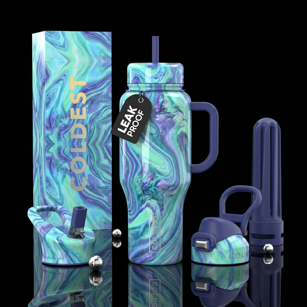, glossy, trompe-l'œil,  intense, dreamy, divine,,... water bottle design