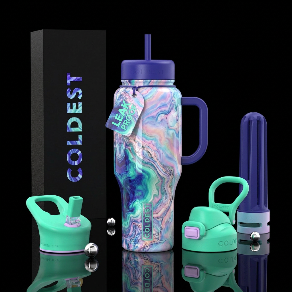 , glossy, trompe-l'œil,  intense, dreamy, divine,,... water bottle design