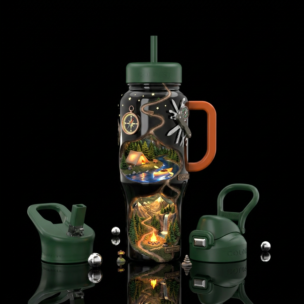 Going on an adventure, glossy, trompe-l'œil, glowi... water bottle design