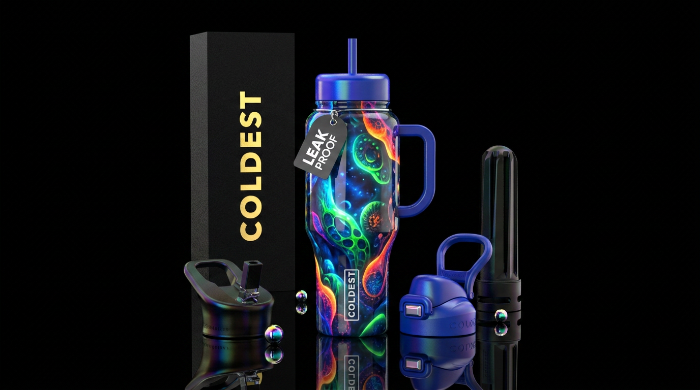 Going on an adventure, glossy, trompe-l'œil, glowi... water bottle design