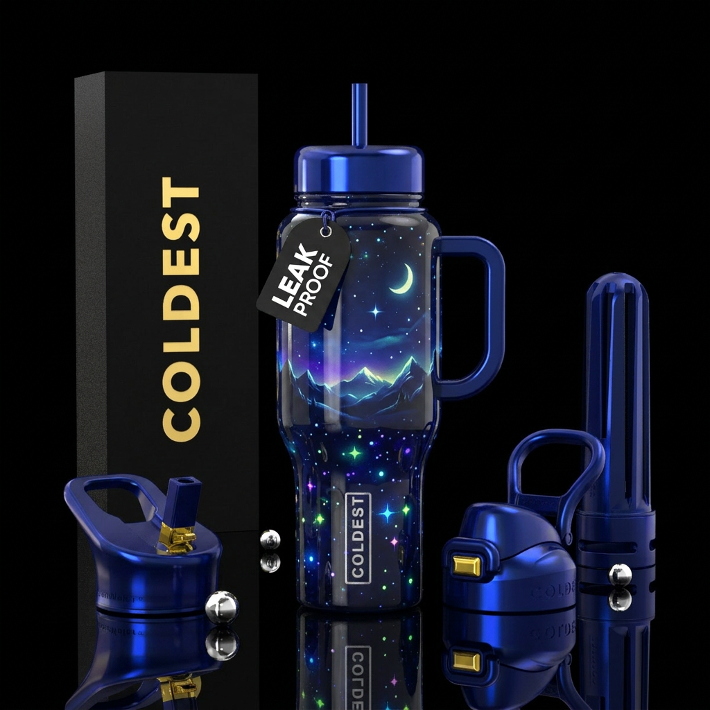 Long night, glossy, trompe-l'œil, glow in the dark water bottle design