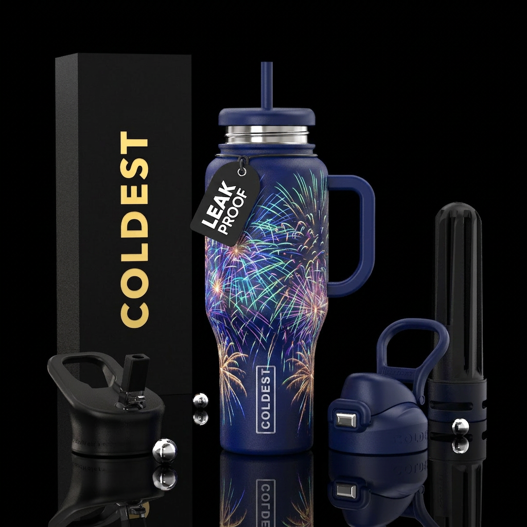 Long night of fireworks, glossy, trompe-l'œil, glo... water bottle design