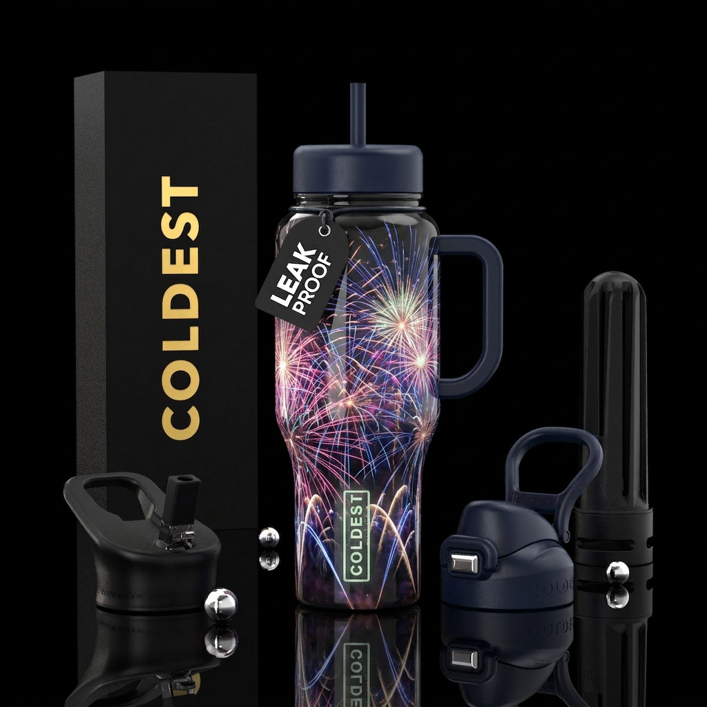 Long night of fireworks, glossy, trompe-l'œil, glo... water bottle design