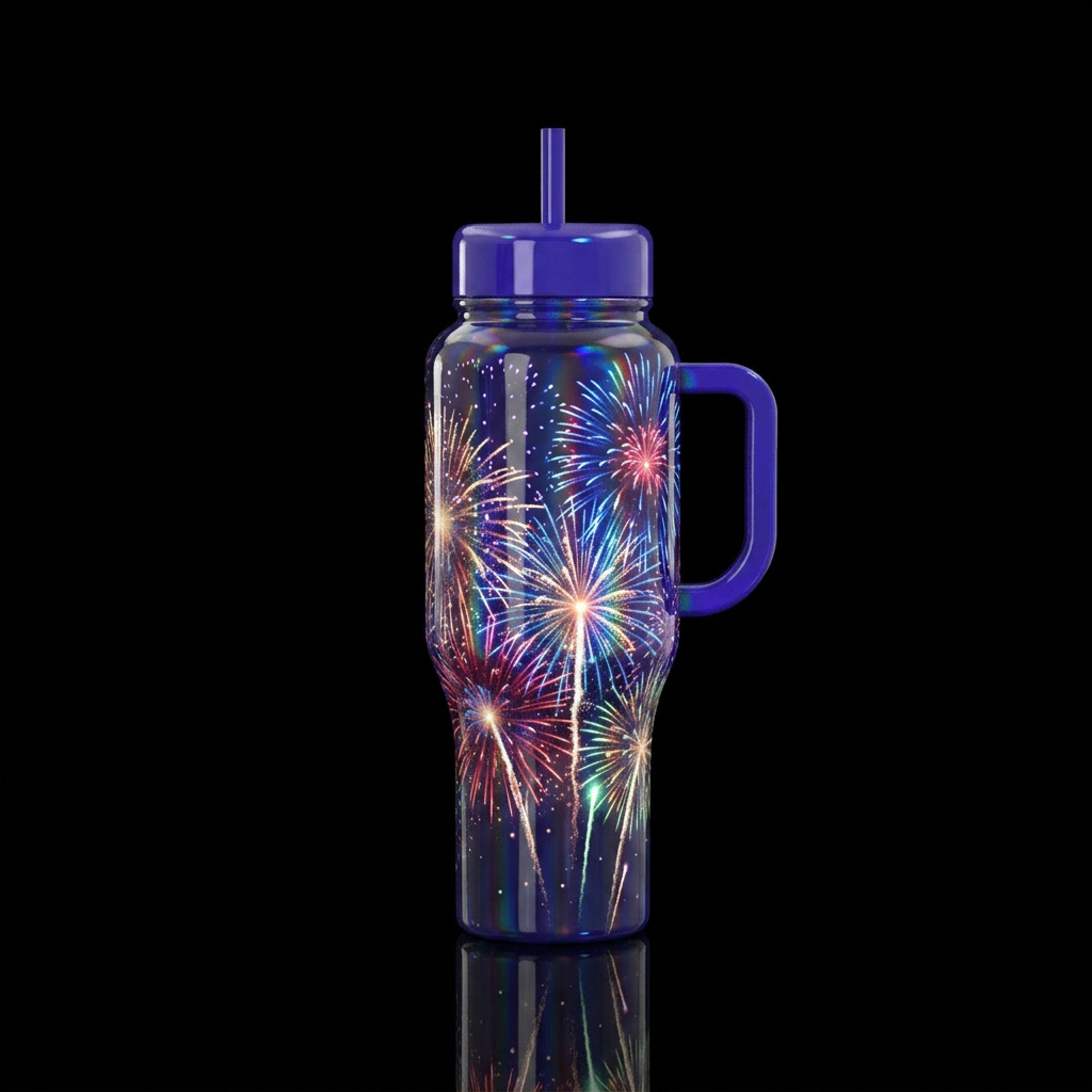 Long night of fireworks, glossy, trompe-l'œil, glo... water bottle design