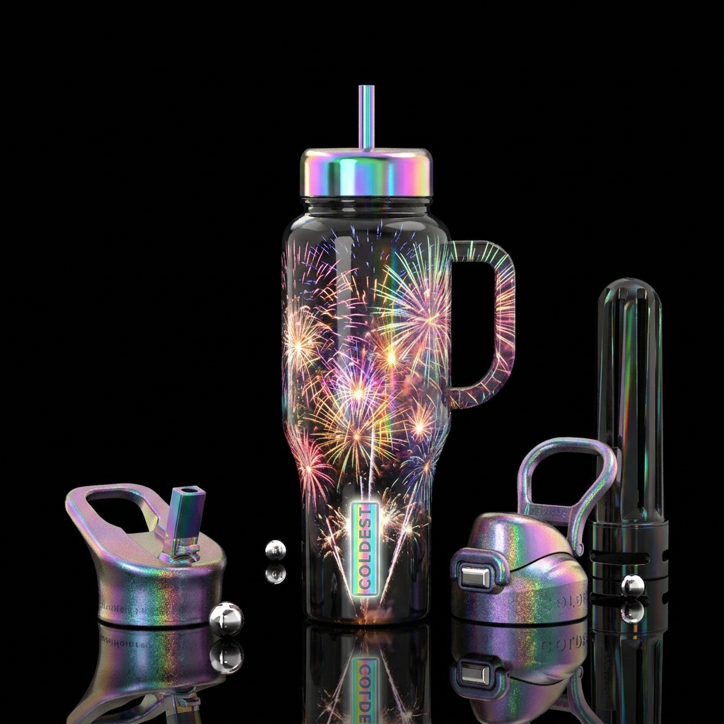 Long night of fireworks, glossy, trompe-l'œil, glo... water bottle design