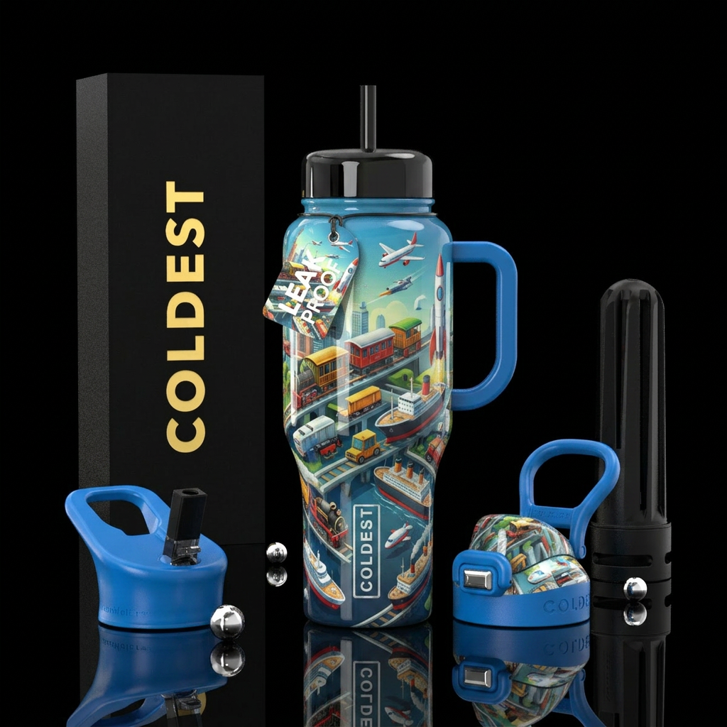 Transportation, glossy, trompe-l'œil water bottle design