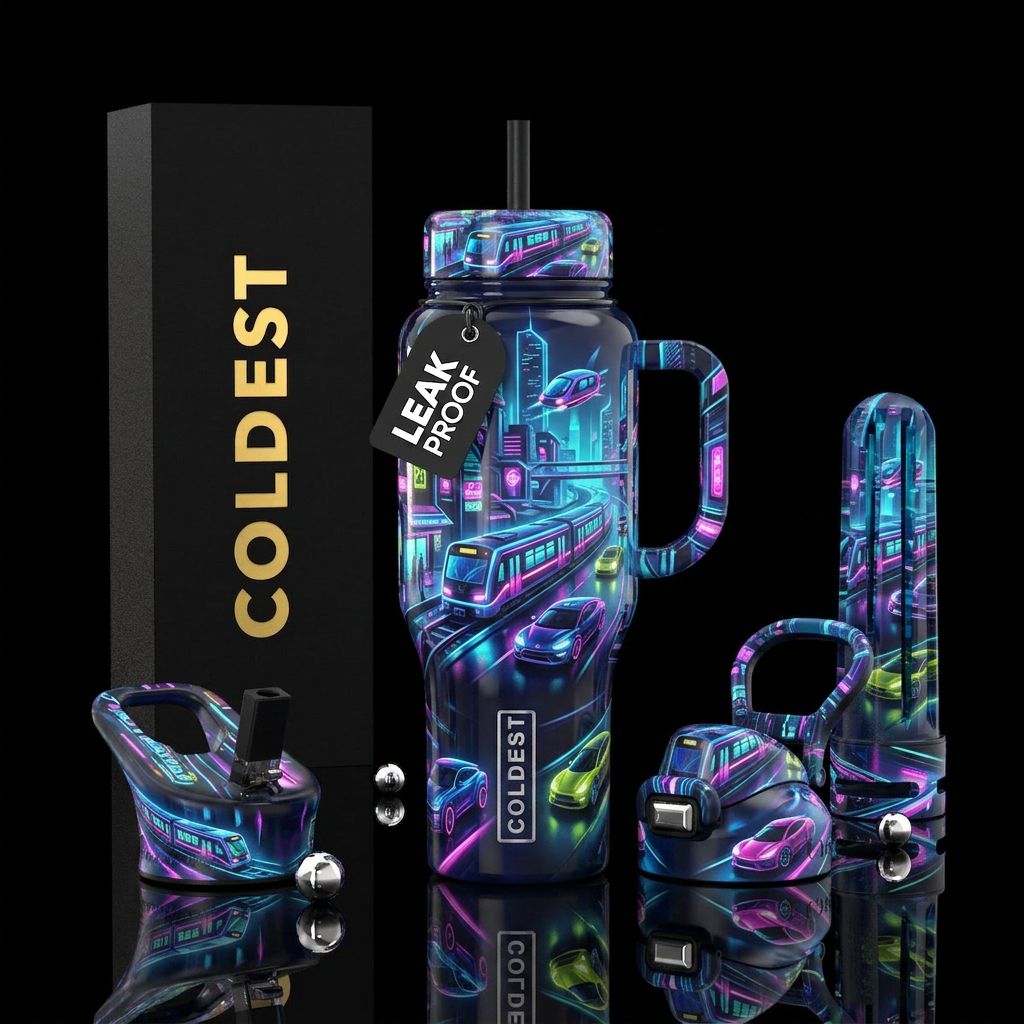 Transportation, glossy, trompe-l'œil, glowie water bottle design