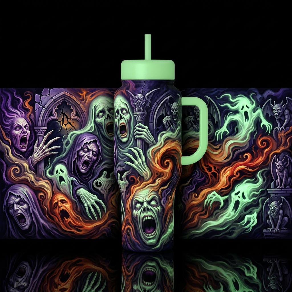 Nightmares, fright,, glossy, trompe-l'œil, glow in... water bottle design