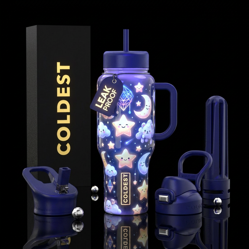 Happy dreams, glossy, trompe-l'œil, glow in the da... water bottle design