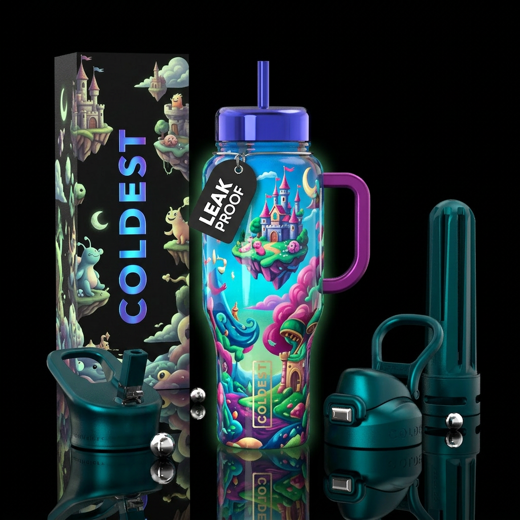 Happy dreams, glossy, trompe-l'œil, glow in the da... water bottle design