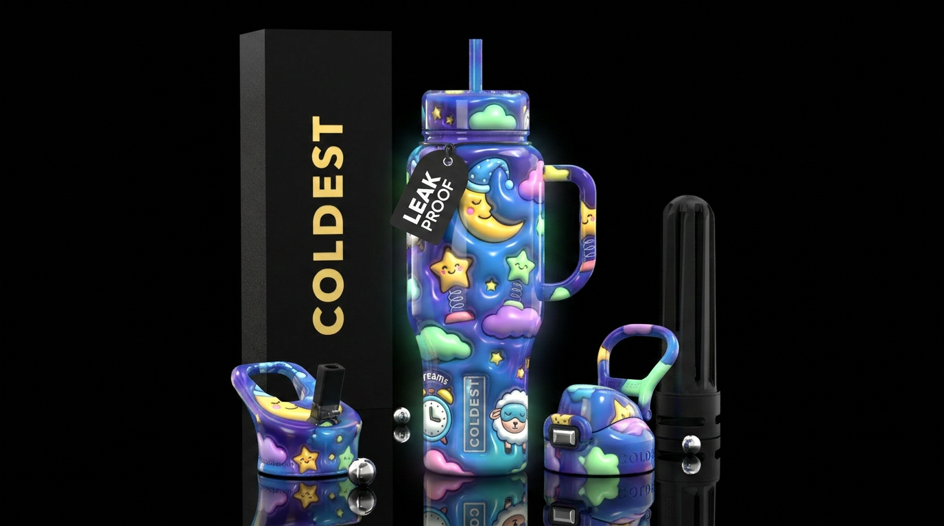 Happy dreams, glossy, trompe-l'œil, glow in the da... water bottle design