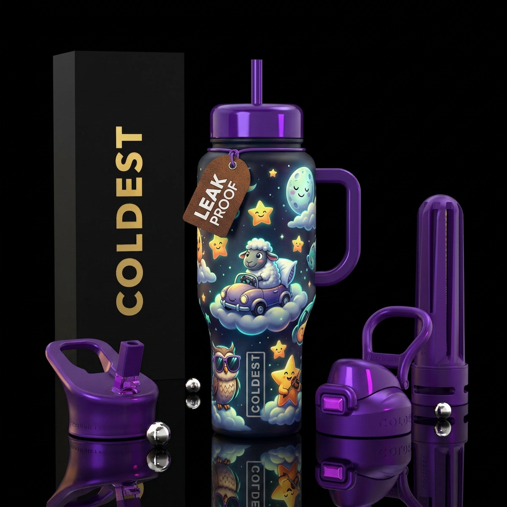 Happy dreams, glossy, trompe-l'œil, glow in the da... water bottle design