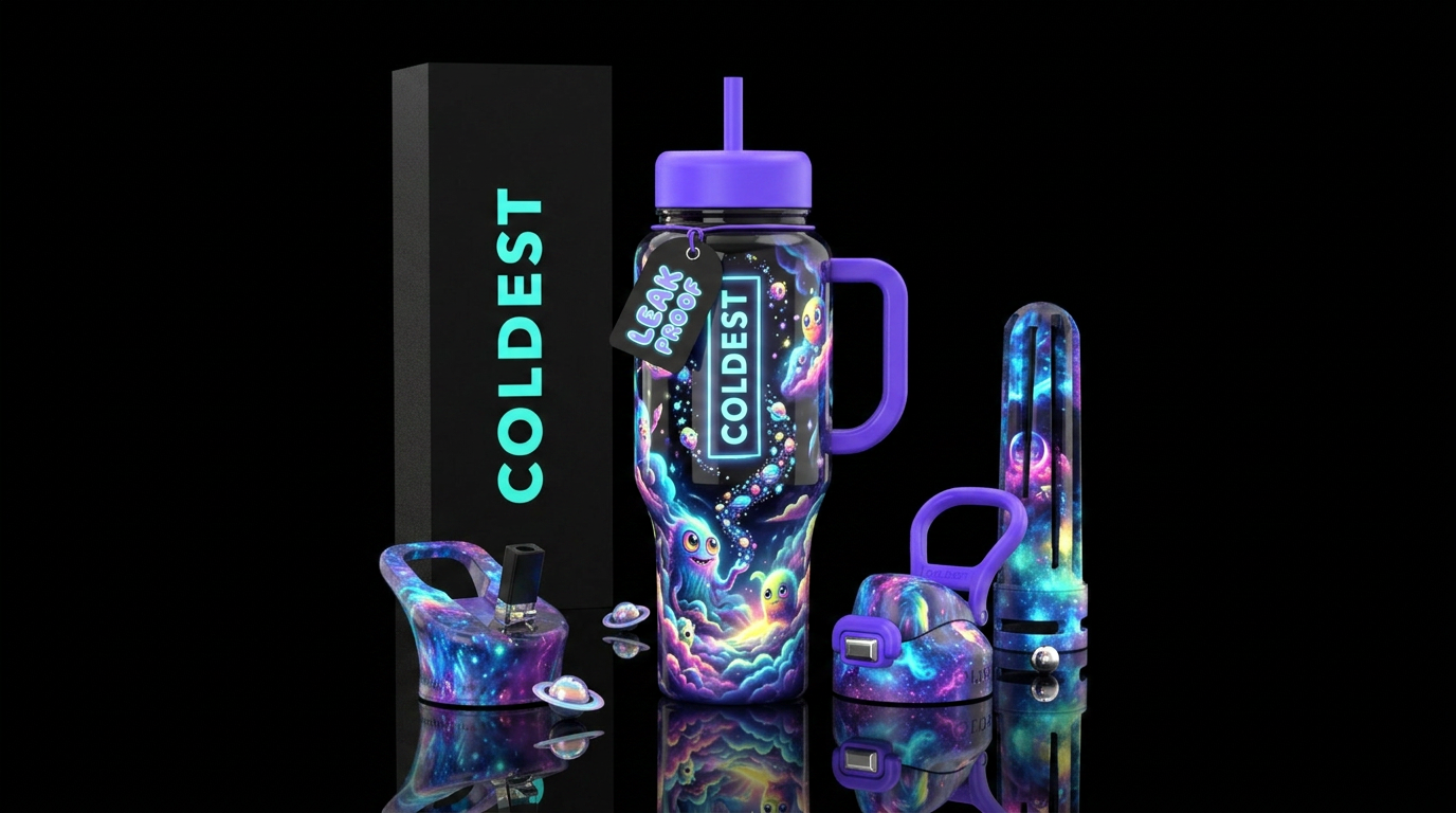 Happy dreams, glossy, trompe-l'œil, glow in the da... water bottle design