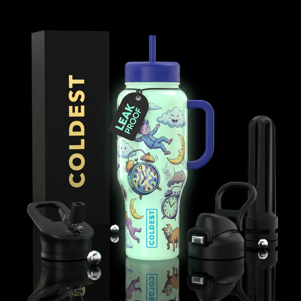 Happy dreams, glossy, trompe-l'œil, glow in the da... water bottle design
