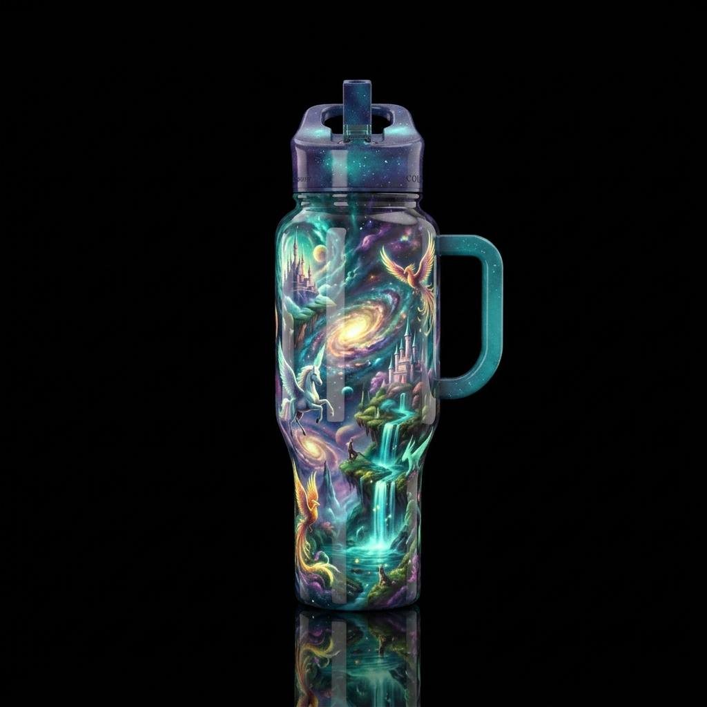 Day dreams, glossy, trompe-l'œil, glow in the dark... water bottle design