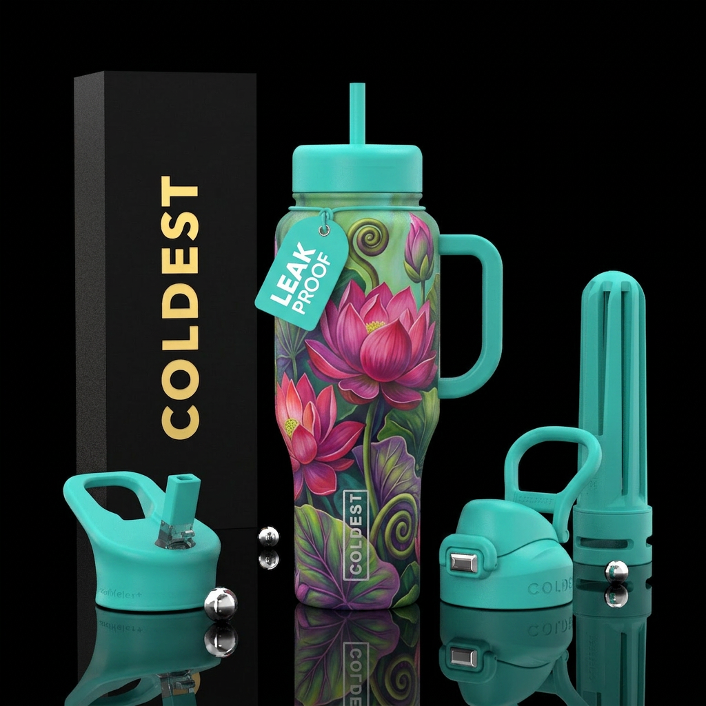 Beautiful tropical lotus,glossy, trompe-l'œil water bottle design
