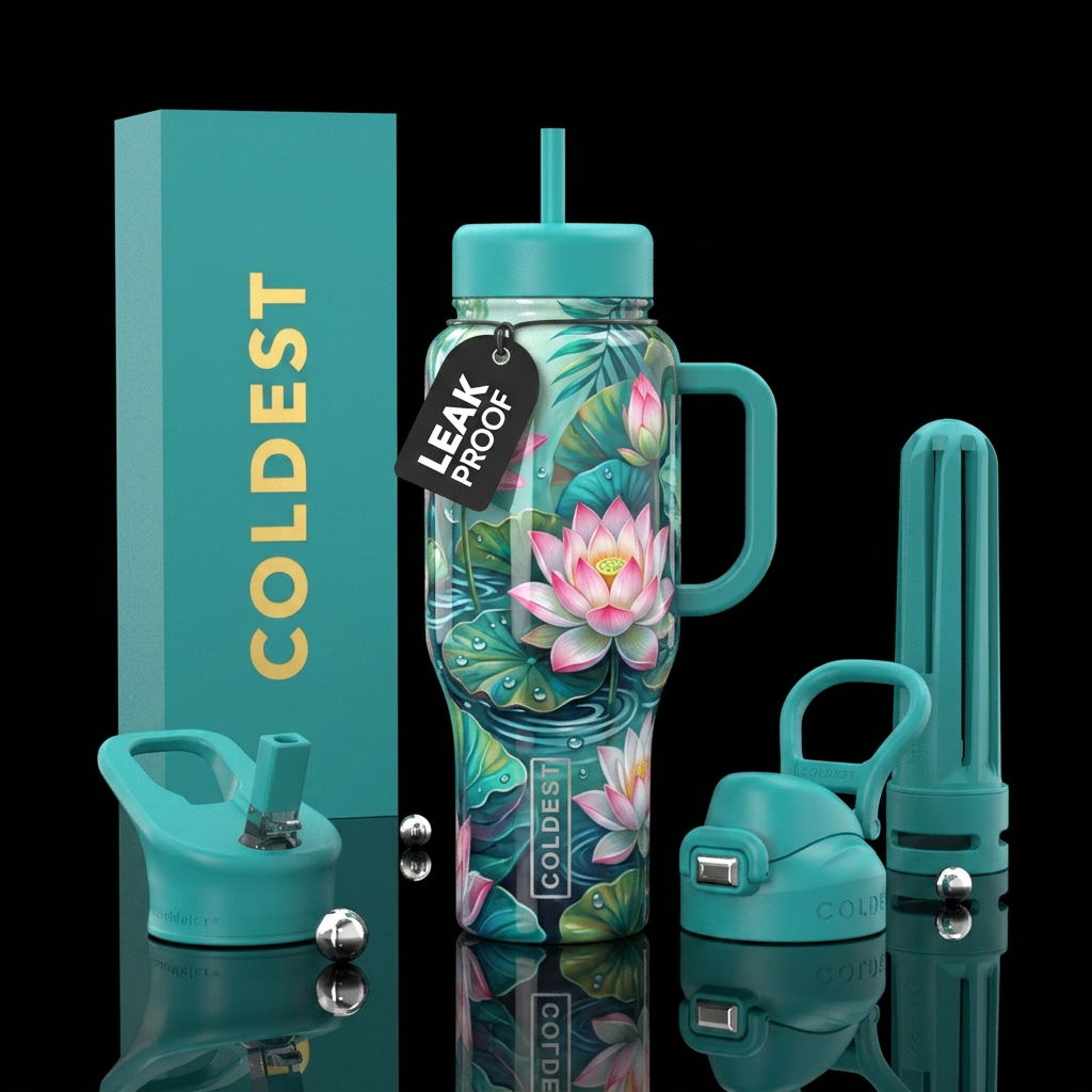 Beautiful tropical lotus,glossy, trompe-l'œil water bottle design