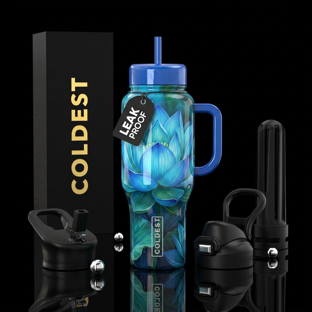 Beautiful blue tropical lotus,glossy, trompe-l'œil water bottle design