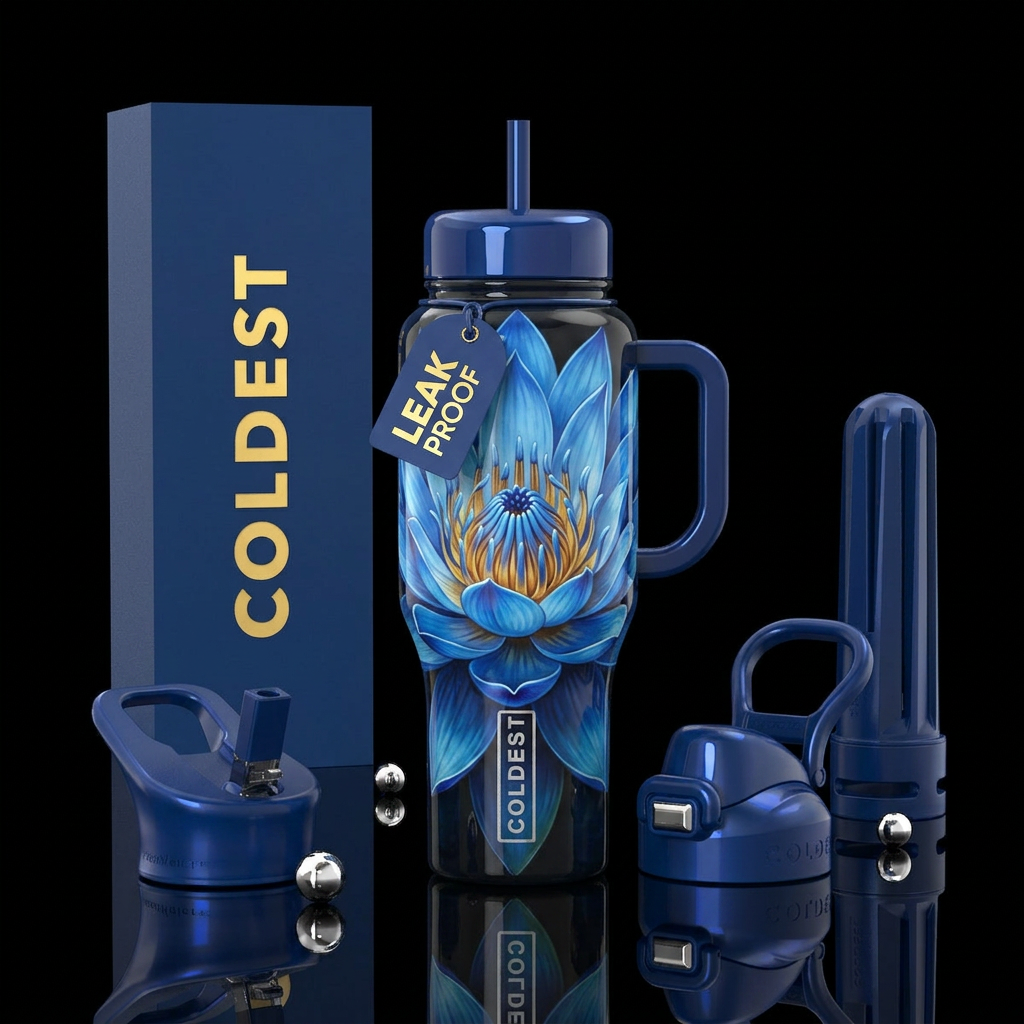 Beautiful blue tropical lotus,glossy, trompe-l'œil water bottle design