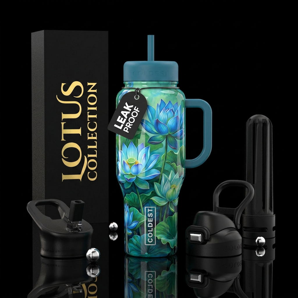Beautiful blue and green tropical lotus,glossy, tr... water bottle design
