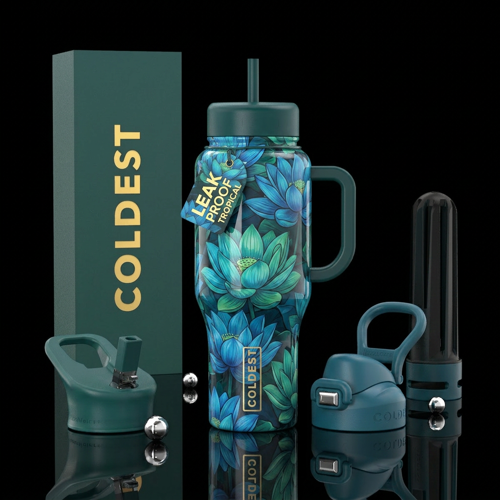 Beautiful blue and green tropical lotus,glossy, tr... water bottle design