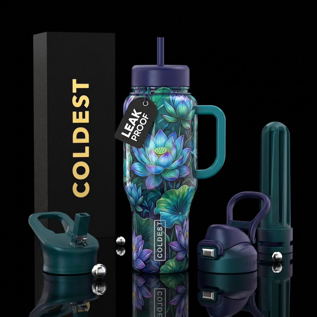 Beautiful blue and green purple tropical lotus,glo... water bottle design