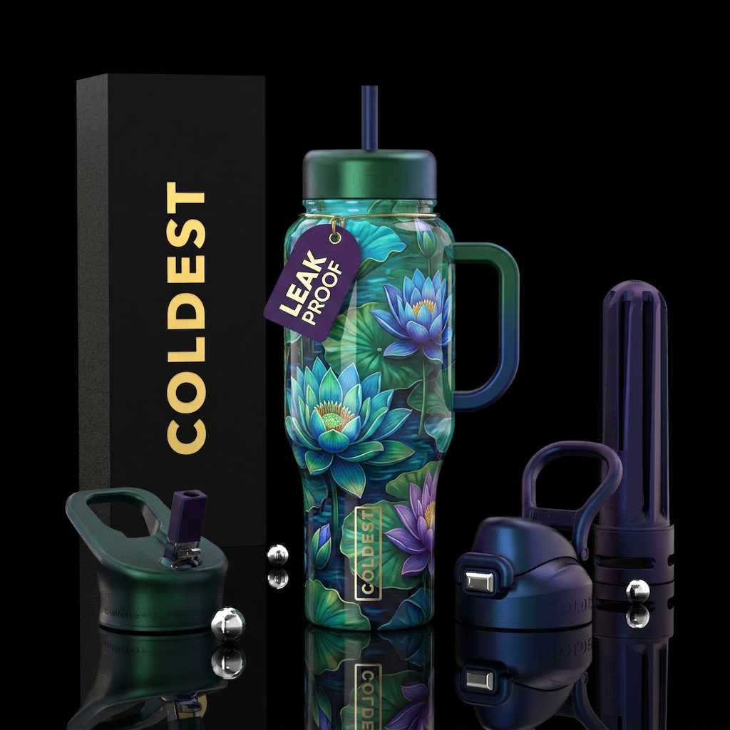 Beautiful blue and green purple tropical lotus,glo... water bottle design