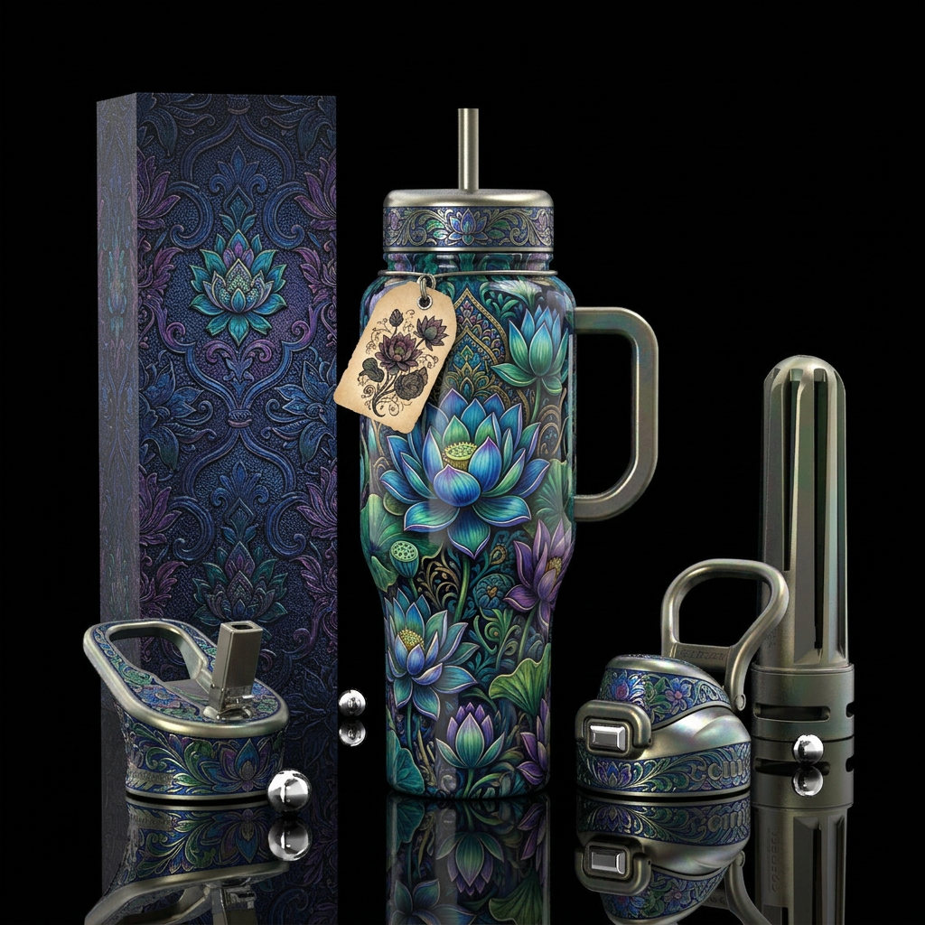 Beautiful blue and green purple tropical lotus,glo... water bottle design