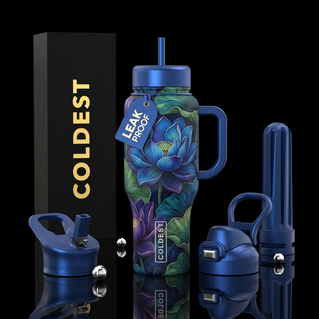 Beautiful blue and green purple tropical lotus,glo... water bottle design