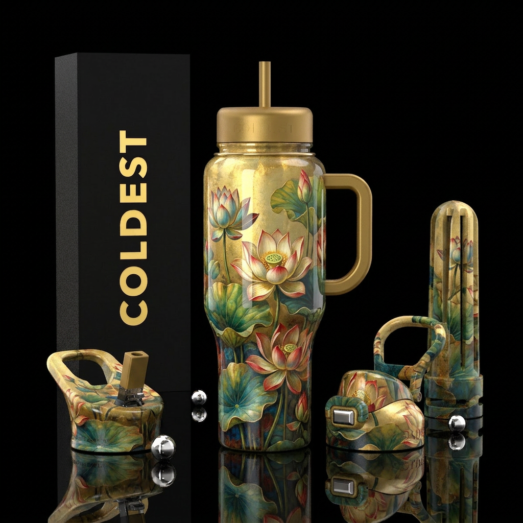lotus,glossy, trompe-l'œil ,vintage water bottle design
