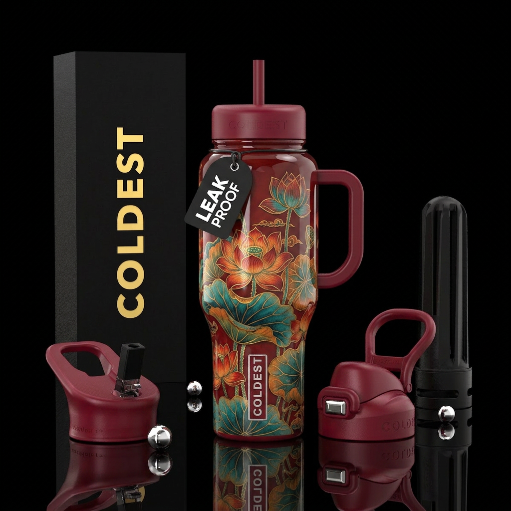 lotus,glossy, trompe-l'œil ,vintage water bottle design