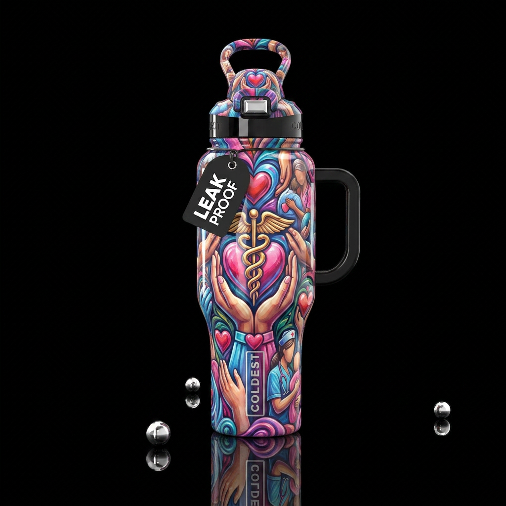 Caring,compassion, glossy, trompe-l'œil water bottle design