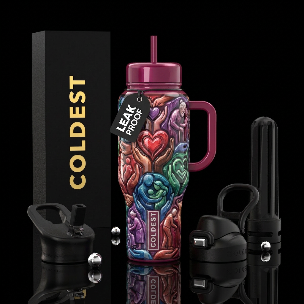 Caring,compassion, glossy, trompe-l'œil water bottle design