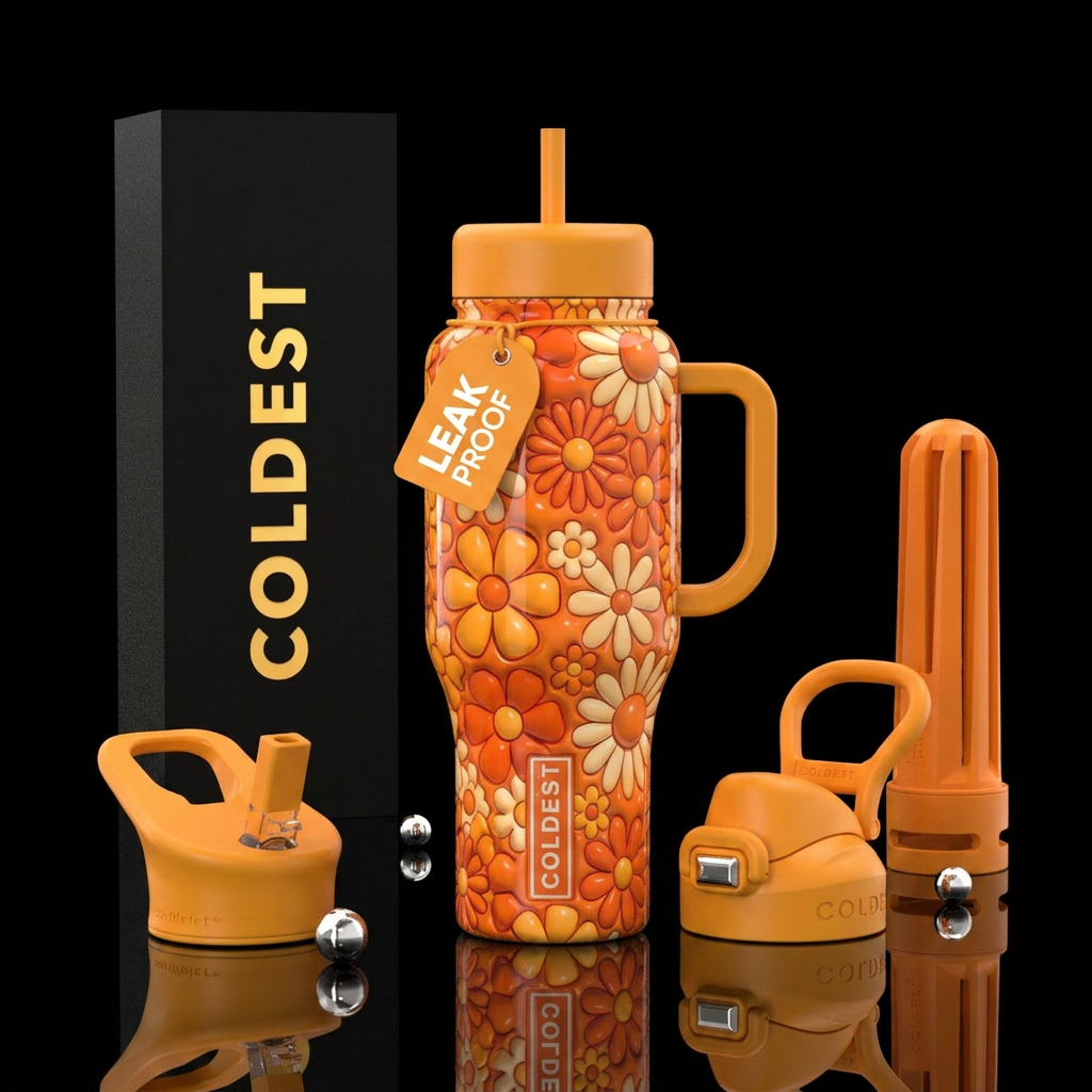 Bright orange and retro flowers, glossy, trompe-l'... water bottle design