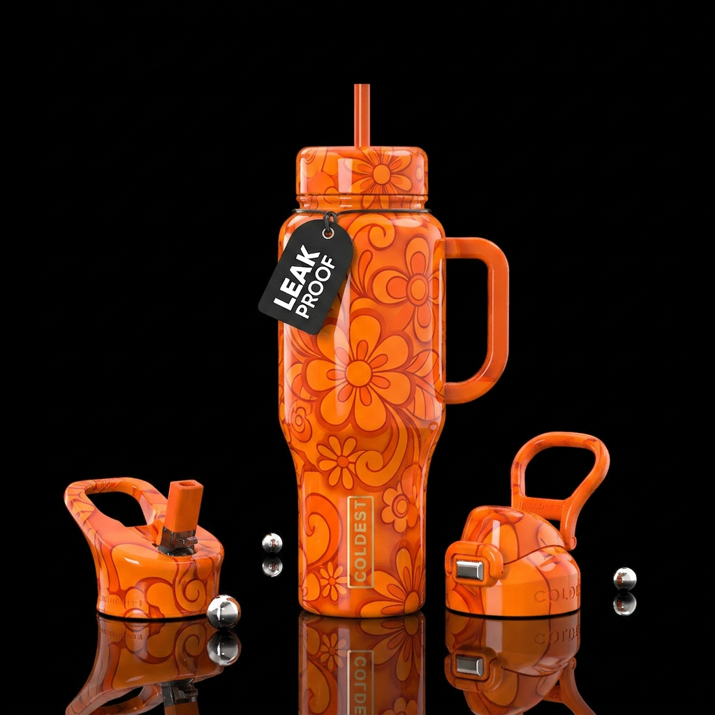 Bright orange and retro flowers, glossy, trompe-l'... water bottle design